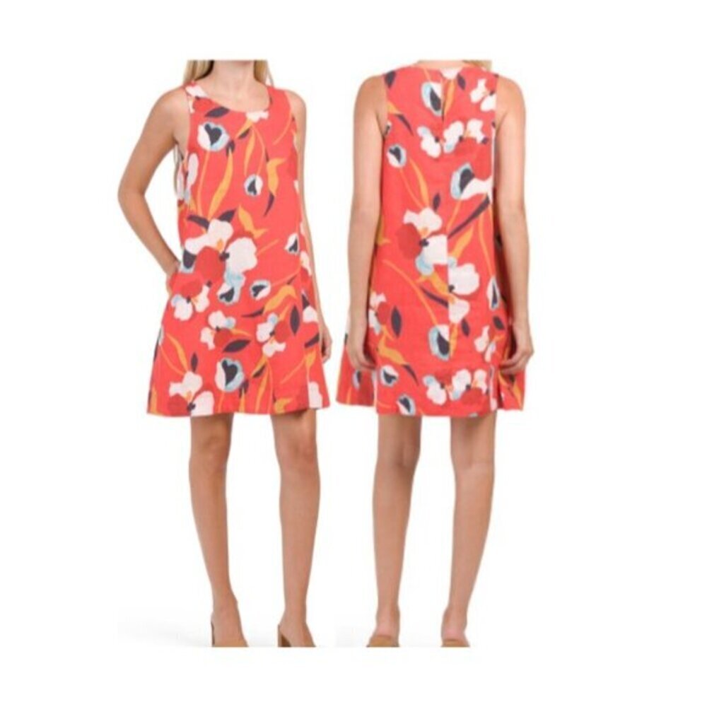 Sigrid Olsen Linen Trapeze Dress Orange Floral Tropical Island Vacation Beachy